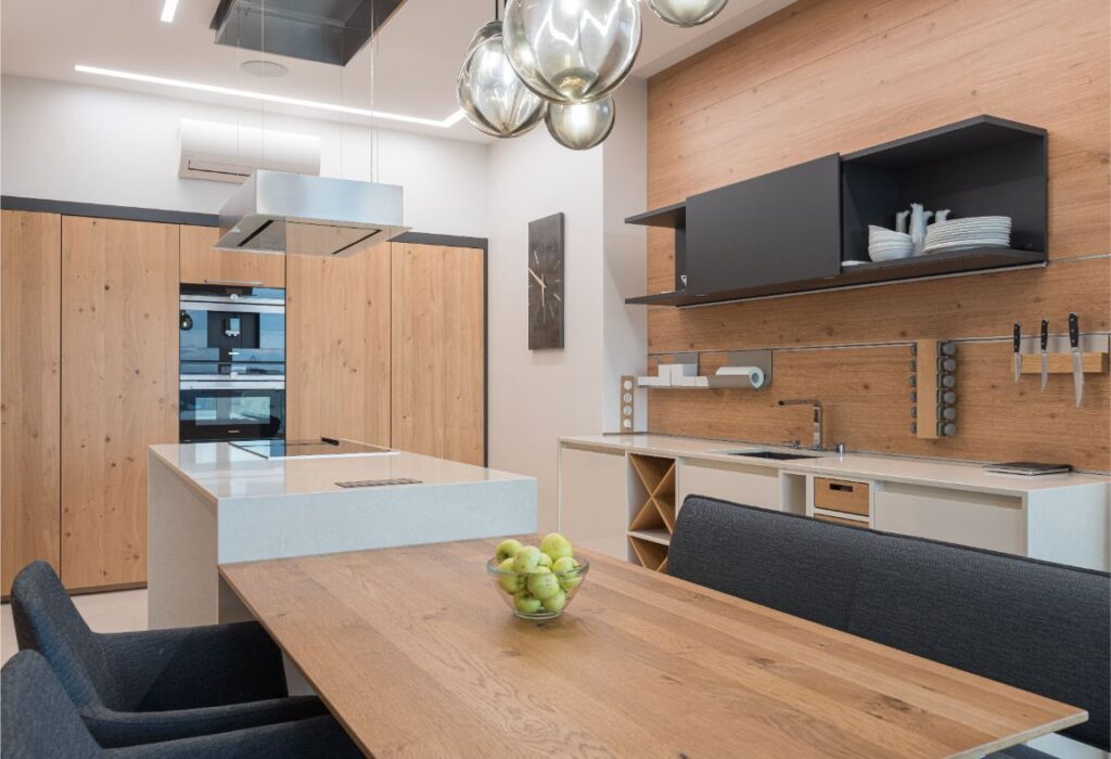 Organized kitchen storage with cleaning supplies